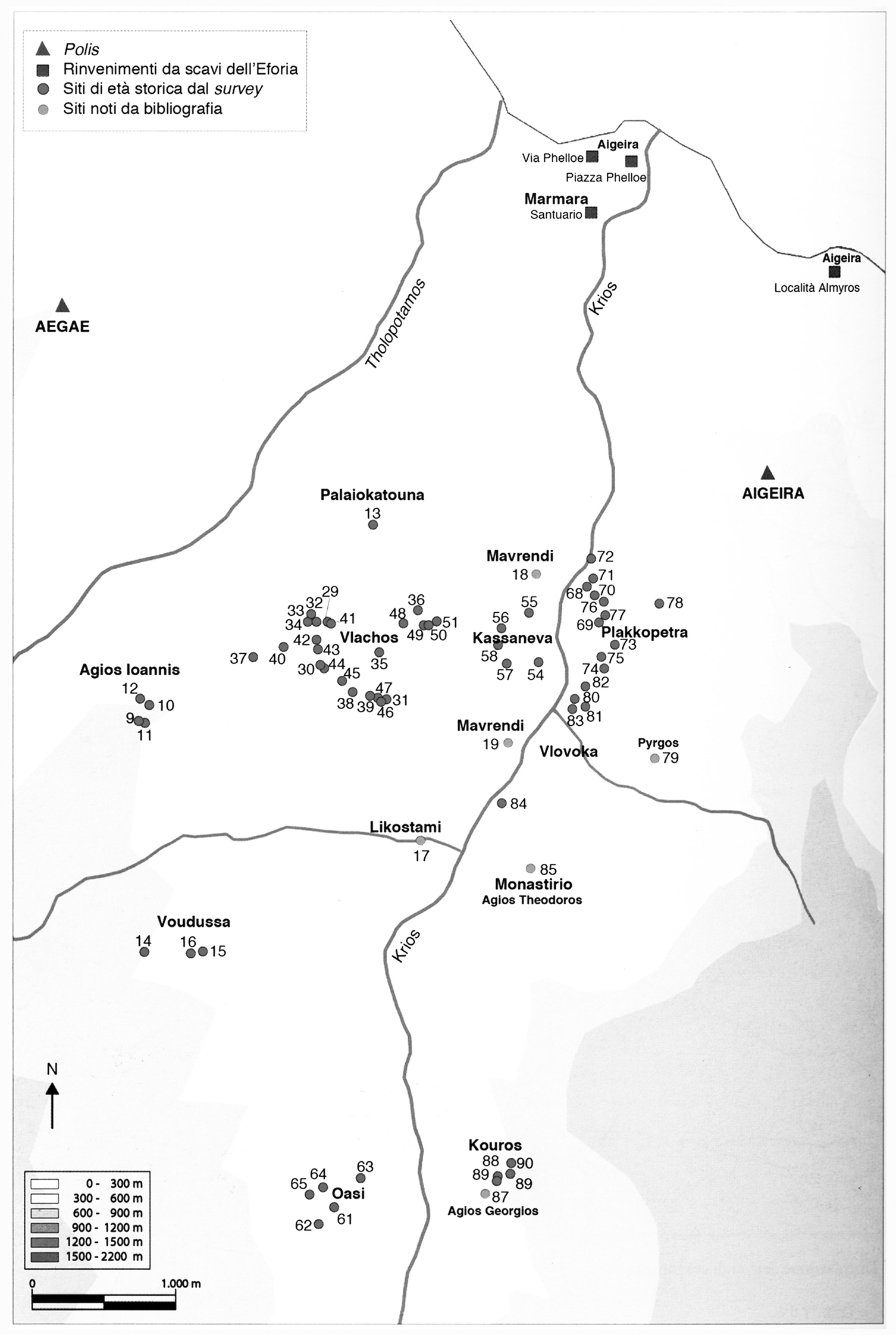 carte des sites d’époque historique de la vallée du Krios