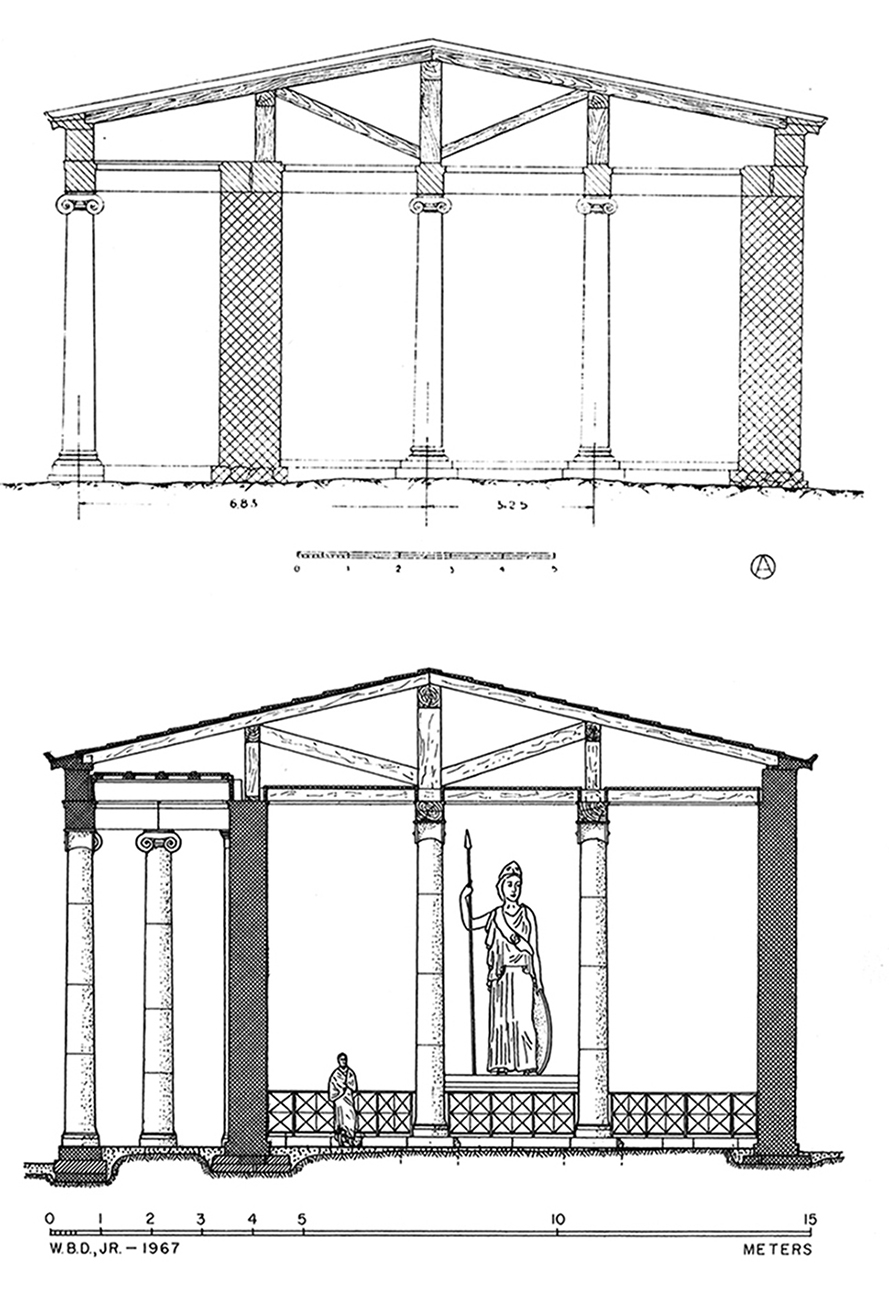 Figure 4 : temple d’Athéna, coupe Sud-Nord et restitution des charpentes : en haut selon Orlandos, Staïs 1917, p. 7 ; en bas, selon W. B. Dinsmoor, Jr (BAB, p. 101, fig. 102‑103)