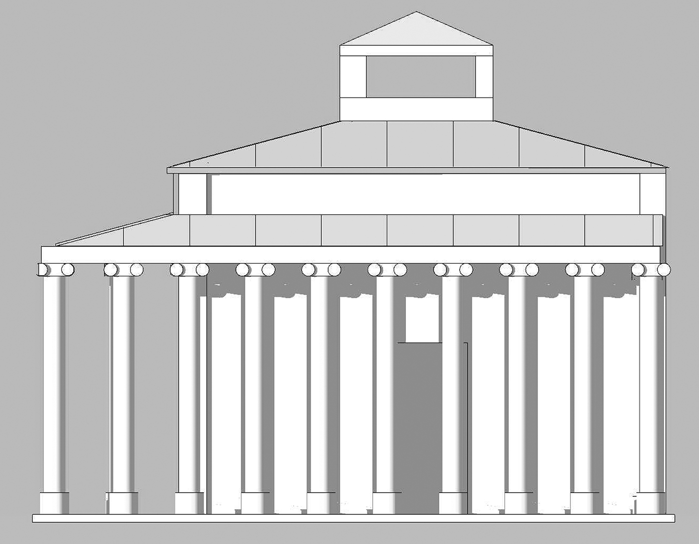 Figure 5 : temple d’Athéna, proposition R. Étienne-J.-P Braun, esquisse de la façade Est (A) et axonométrie, vue de l’angle Sud-Ouest (B).