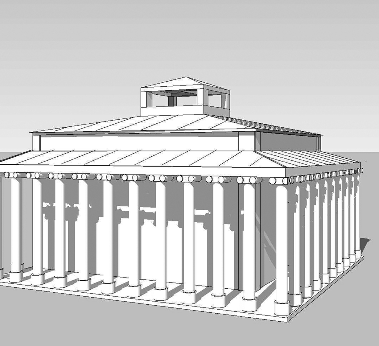 Figure 5 : temple d’Athéna, proposition R. Étienne-J.-P Braun, esquisse de la façade Est (A) et axonométrie, vue de l’angle Sud-Ouest (B).